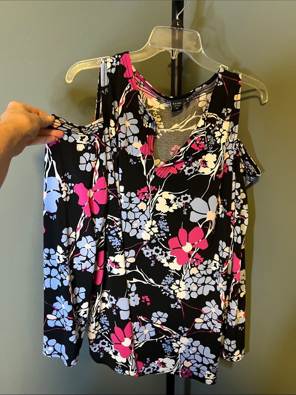 Kaari Blue Black Floral Cold-Shoulder Blouse with Pink & Light Blue Blooms